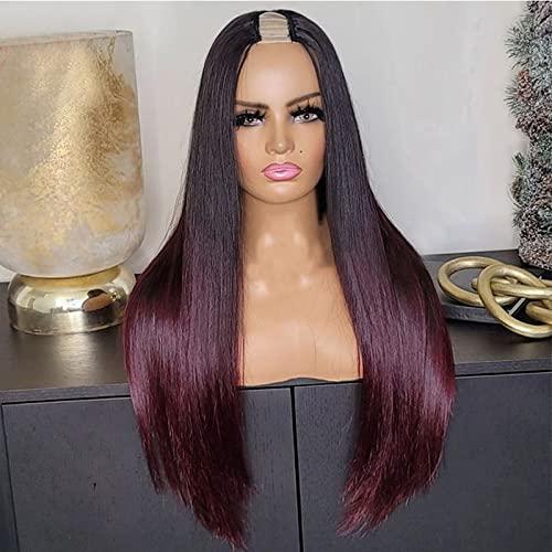 UMRHair 10inch Straight U Part Wig Human Hair 1B/99J Burgundy Ombre U Part Wig 180% Colored 4x1inch Small Leave Out Middle Part Wine Red Upart Wig Full Head Clip in Half Wig None Lace Wigs for Black Women