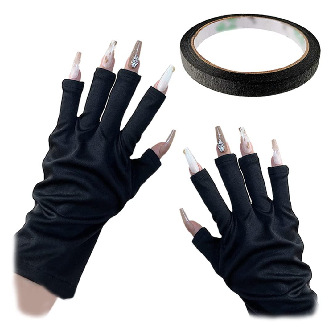 Tsangbaby Gel Manicure Gloves Black Tape Set Anti UV Fingerless Gloves Gel Nail Gloves Sun Protection Shield Gloves for LED Nail Lamp