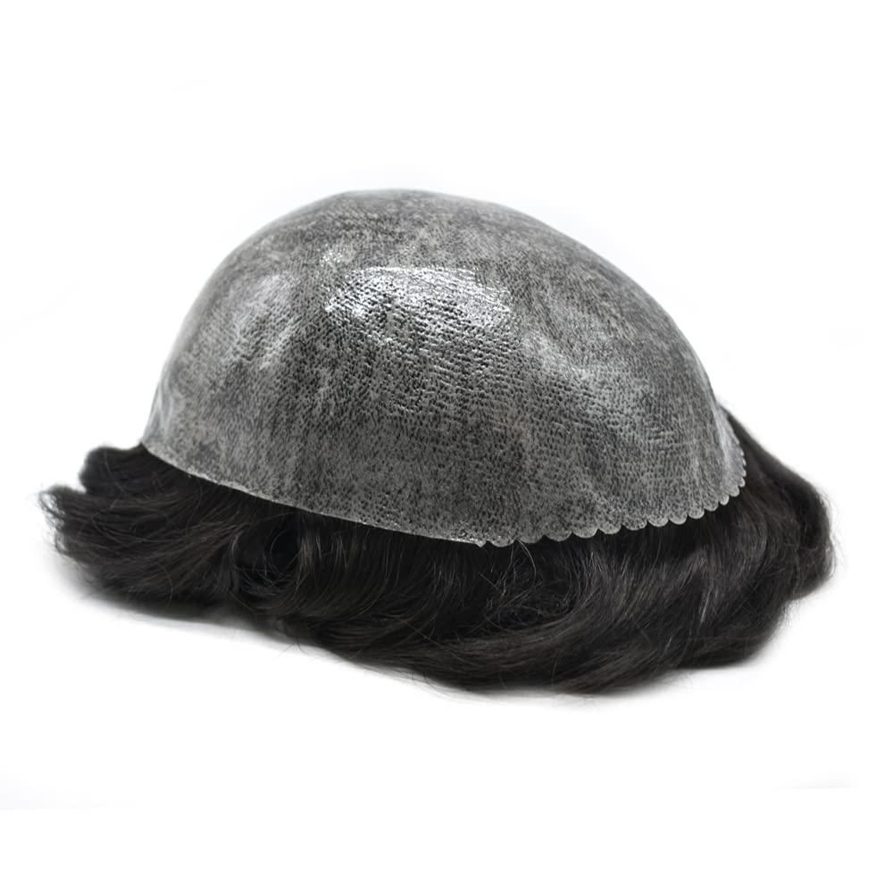 LHC Mens Toupee Full Poly Injection Pu Human Hair System for Men Natural Hairline Hair Unit Replacement Wig (#1 Jet Black)