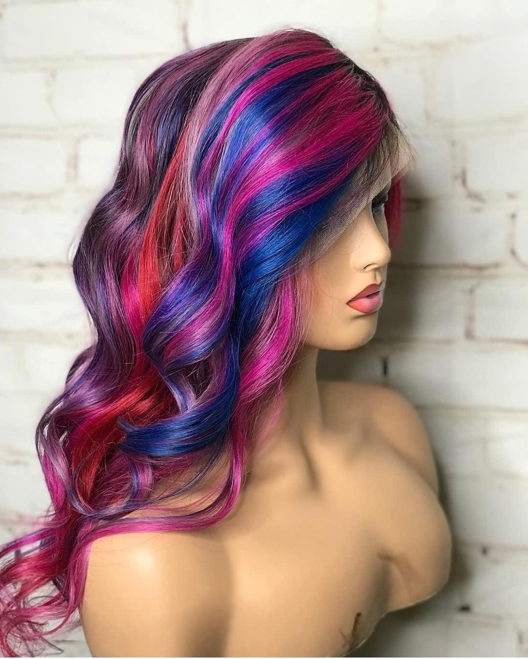 HAOKE Highlight Blue Purple Wig Body Wave Lace Front Wig Colorful Wigs Pre Plucked Bleached Knots Lace Front Wig Glueless Human Hair Wigs For Black Women(20inch, Highlight Blue Purple)