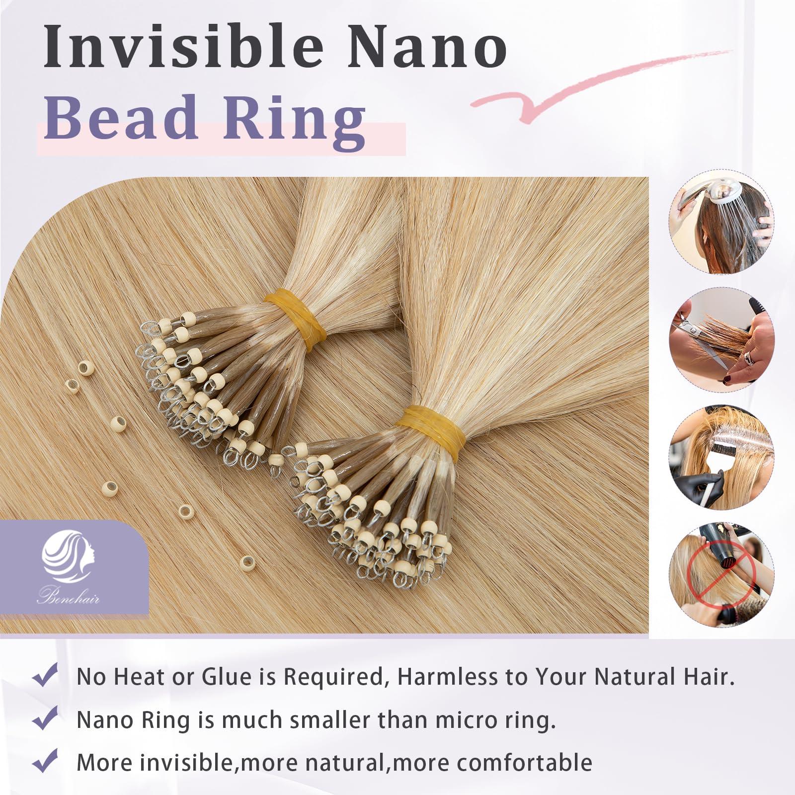 Benehair Benehair Nano Tip Human Hair Extensions Straight Cold Fushion Stick Ash Blonde&Bleach Blonde #18P613 Nano Beads Hair Extensions Real Human Hair 50 Strands 50g Natural Long Highlight Remy Hair 22Inch