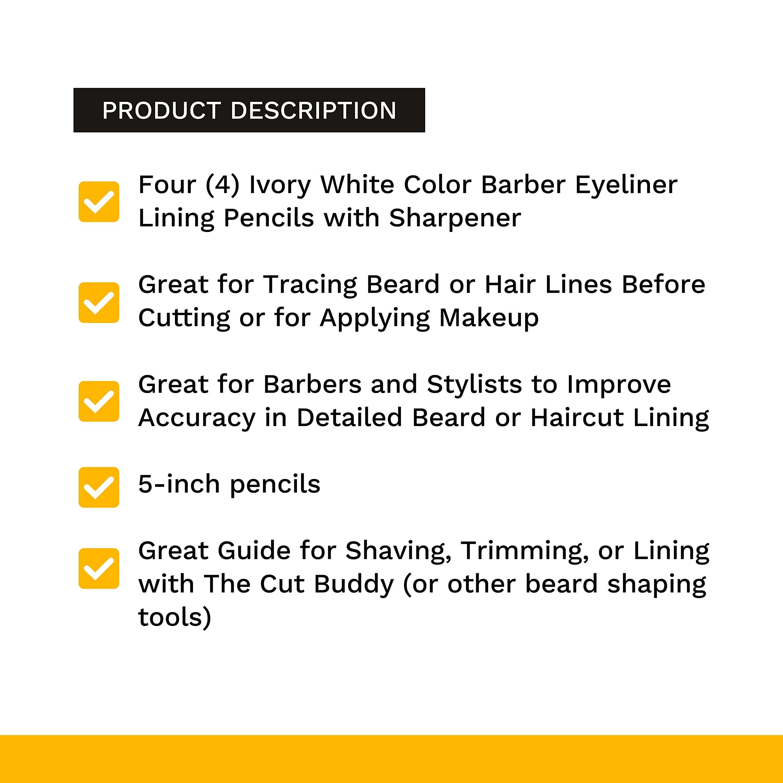 The Cut Buddy White Speed Tracer Barber Pencil 4 Pack + Sharpener, Outline Beard Before Trimming for Shaping Tools, Guides, Hair Trimmer, & Shaver, Cut Buddy