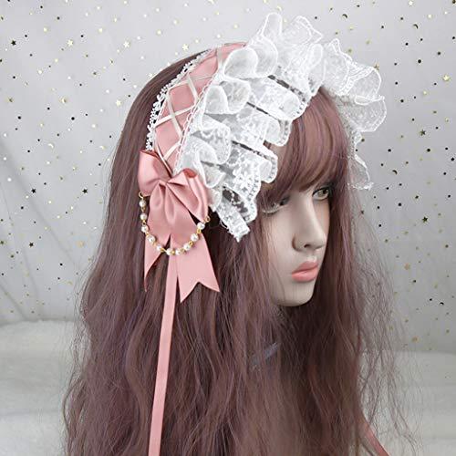 SANGHAI SANGHAI Women Bandana Lolita Ruffled Lace Headband Crisscross Ribbon Bow Pearls Chain Maid Hair Band Light Blue