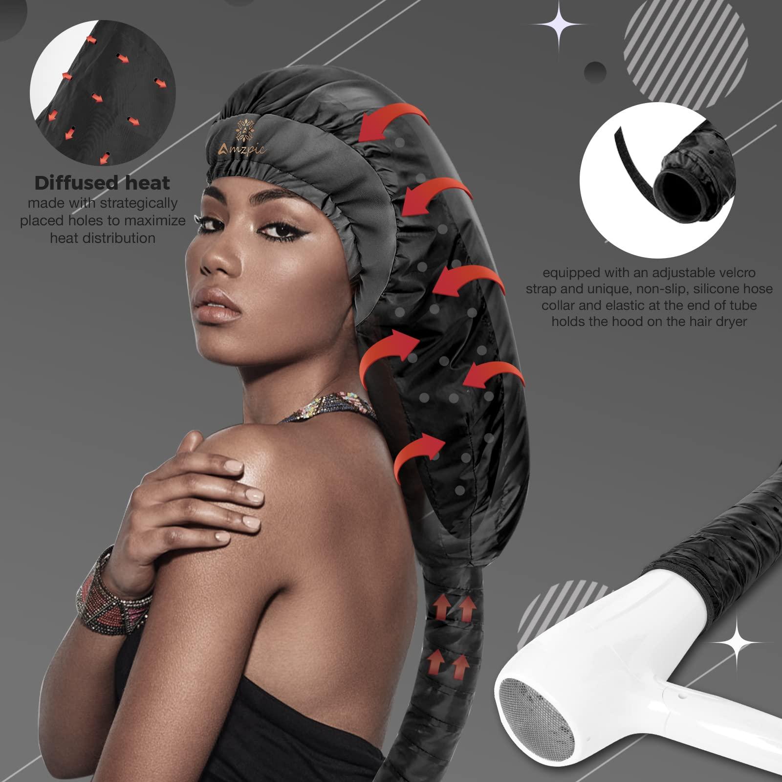 Amzpic Bonnet Hair Dryer Attachment - Bonnet Hood Dryer with Headband That Reduces Heat Around Ears and Neck, Use for Hair Styling, Hair Drying, Curling and Deep Conditioning (Extended Version, Black)