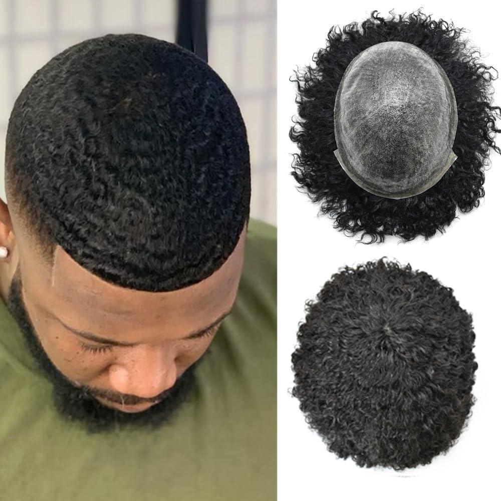 Generic Afro Toupee For Black Men Weave Hair Units Thin Skin Injection PU Human Hair Replacement System African American Wigs for Man Curly Hairpiece Prosthetics (Afro Curl 10mm, 1B Off Black)