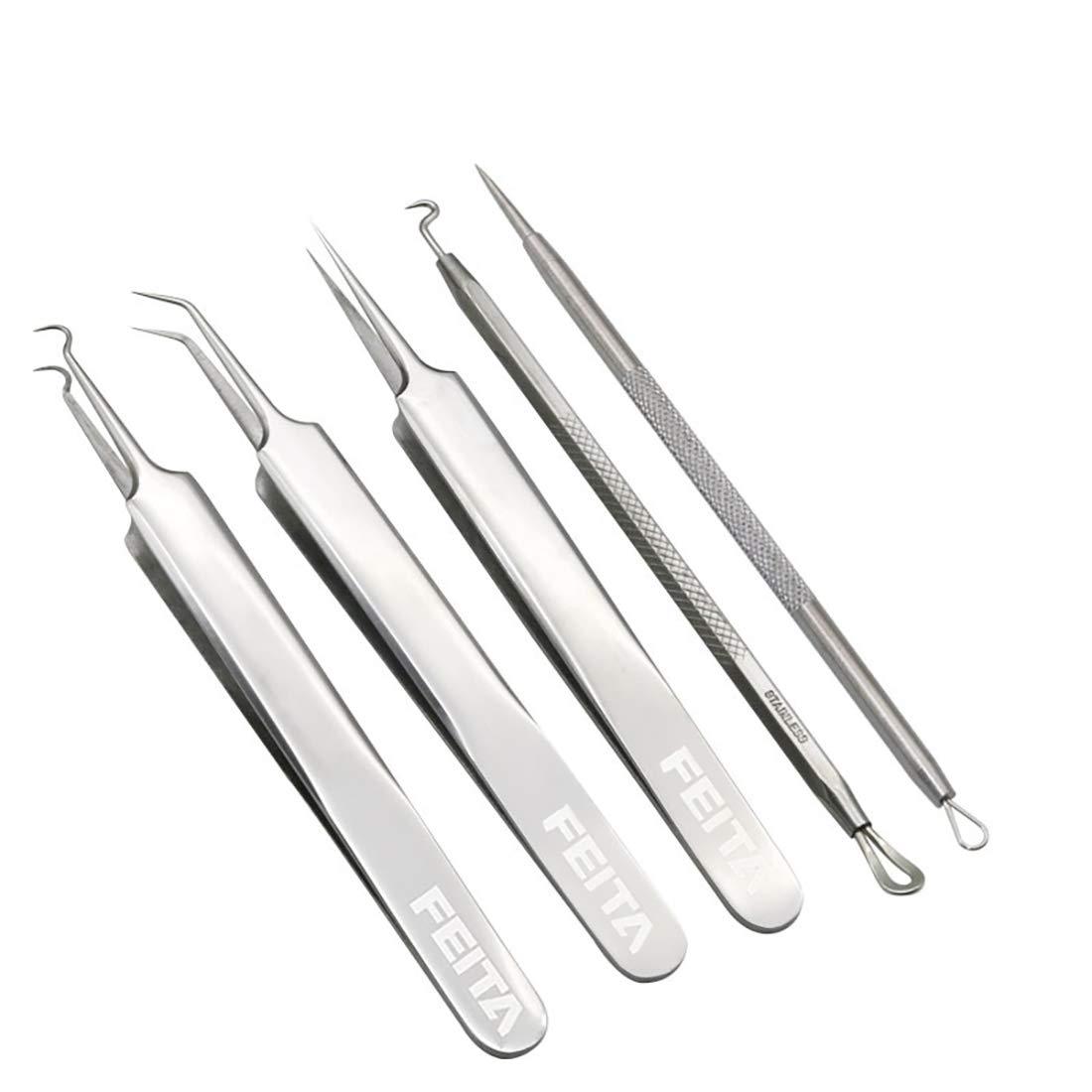 FEITA Blackhead Remover Kit - FEITA Blackhead Tweezers Removal Tool Kit Set - Acne Tweezers Pimple Comedone Extractor With Travel Case (5 Pcs)