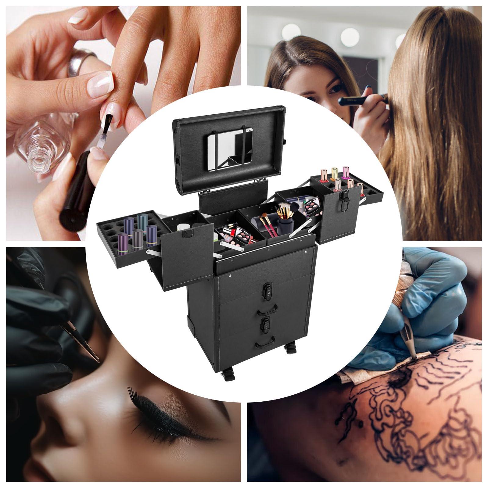 HYYKJ-US HYYKJ-US Professional Makeup Train Case Rolling Salon Travel Case with Keys Cosmetic Luggage Travel Organizer Tool Box Makeup Trolley for Makeup Artist Hairdresser Beautician (Black)