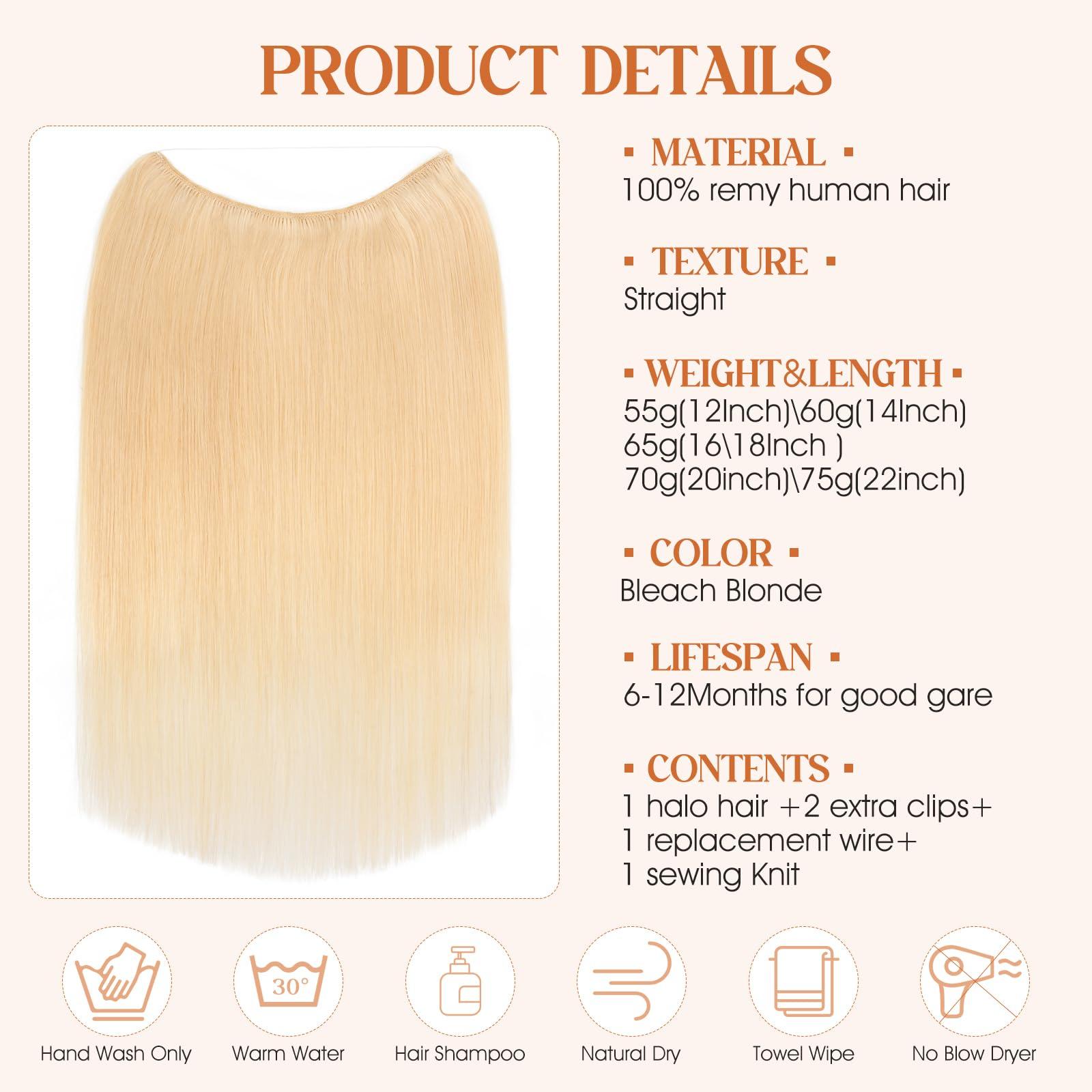 S-noilite Halo Hair Extensions Real Human Hair, S-noilite Hair Halo Extensions for Women 22inch Bleach Blonde Halo Hair Extensions Invisible Wire Hair Extensions with Adjustable Fish Line