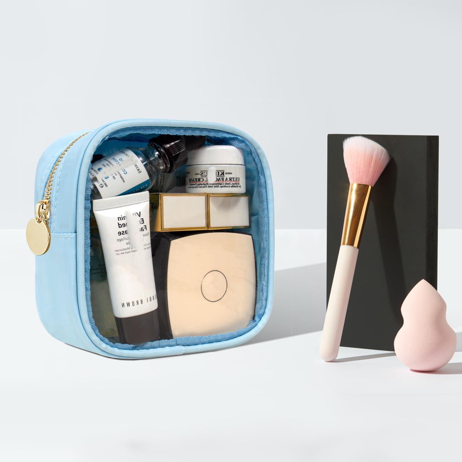 FFpaw FFaw Small Clear Makeup Bag, Nylon Mini Cosmetic Bag Small Makeup Bag for Purse TSA Approved Travel Toiletry Bags with Zipper Cute Makeup Bag Organizer Car Organizer Bag for Women Girls (Blue Mini)