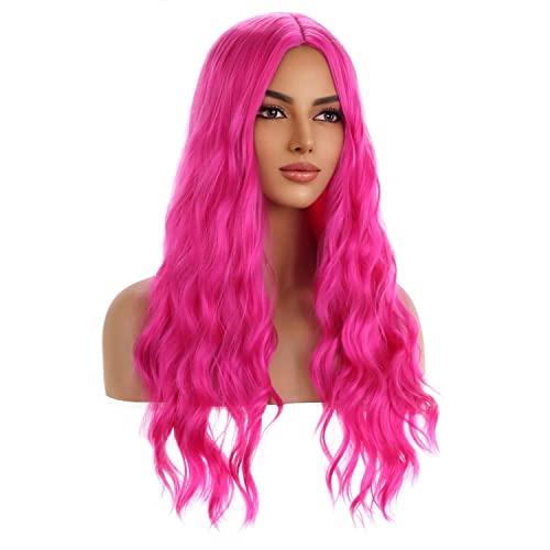 MAGQOO MAGQOO Hot Pink Wig Magenta Wig Long Curly Wavy Pink Wigs for Women Girls Middle Part Heat Resistant Hight Density Synthetic Wigs (Hot Pink)