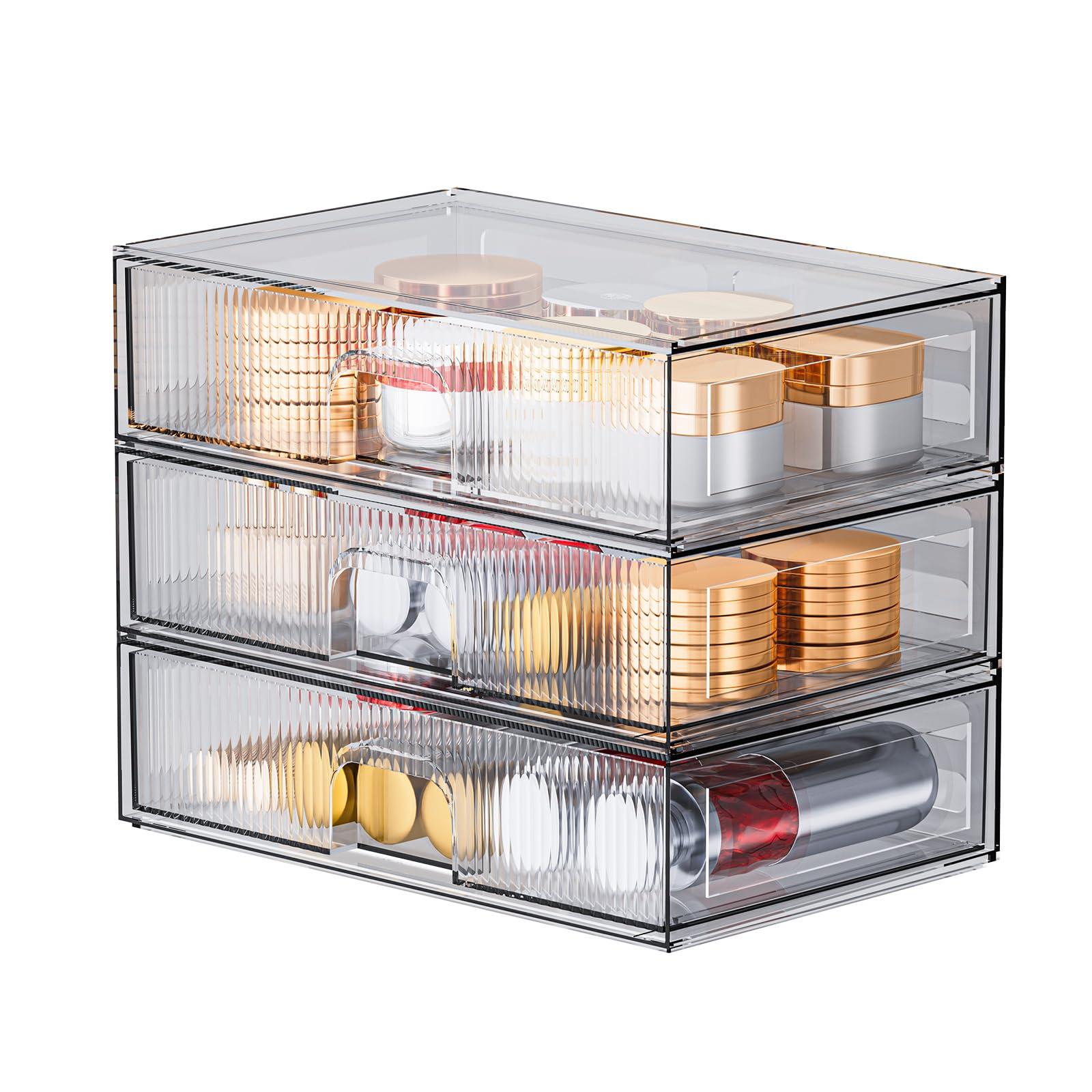 FBOTML FBOTML Clear Stackable Storage Drawers, Acrylic Drawers Makeup Organizer For Vanity, Cosmetics, Bathroom, Desk Organization Storage Drawers3 Pack