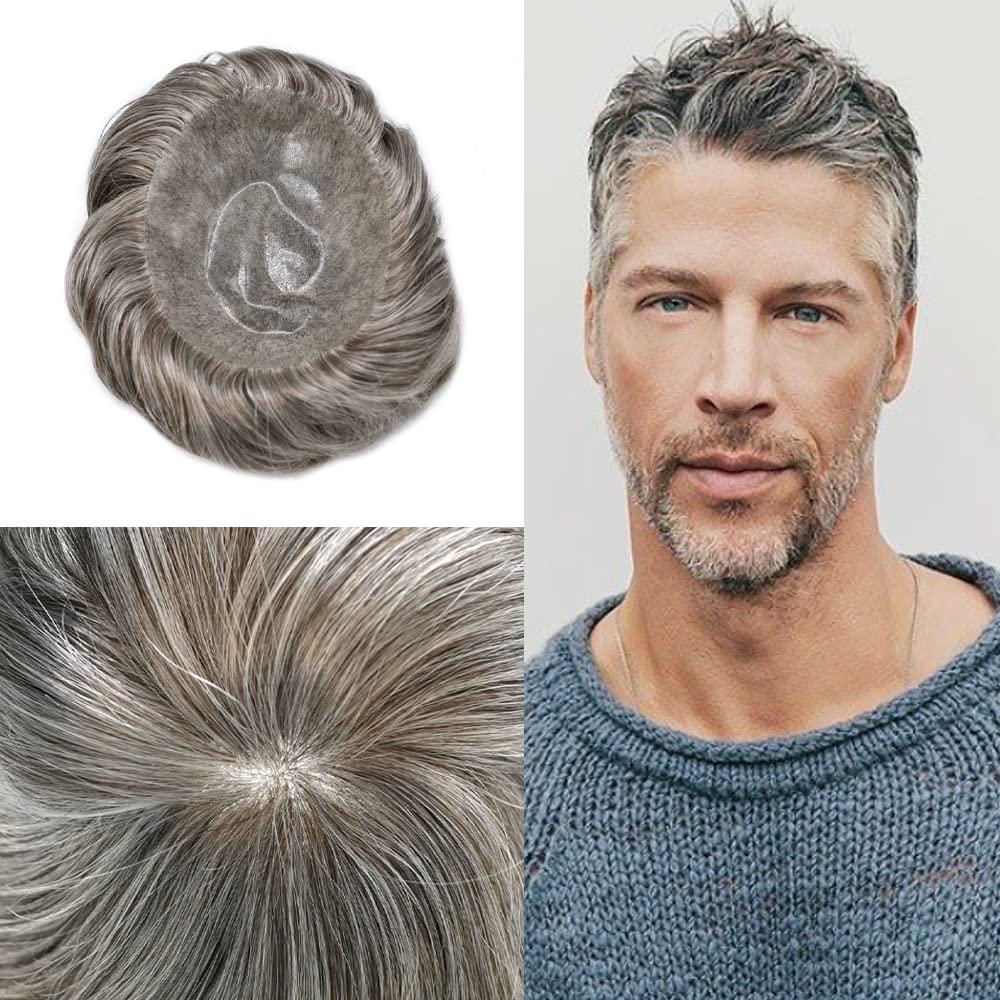 Generic Mens Toupee Hairpiece 100% Real Human Hair Toupee for Men Invisible Full Poly Coated Hair Replacement System Thin Skin Hair Prosthesis Pieces for Men8x10#565 5# MEDIUM LIGHT BROWN+65% Grey120%density
