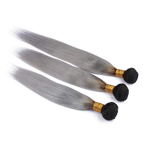 Generic Silver Grey Ombre Straight Human Hair Bundles Dark Roots Virgin Peruvian Human Hair #1B/Grey Ombre Weave Bundles 3Pcs Black to Grey Ombre Virgin Hair Weft Extensions 10-30" (14 16 16)