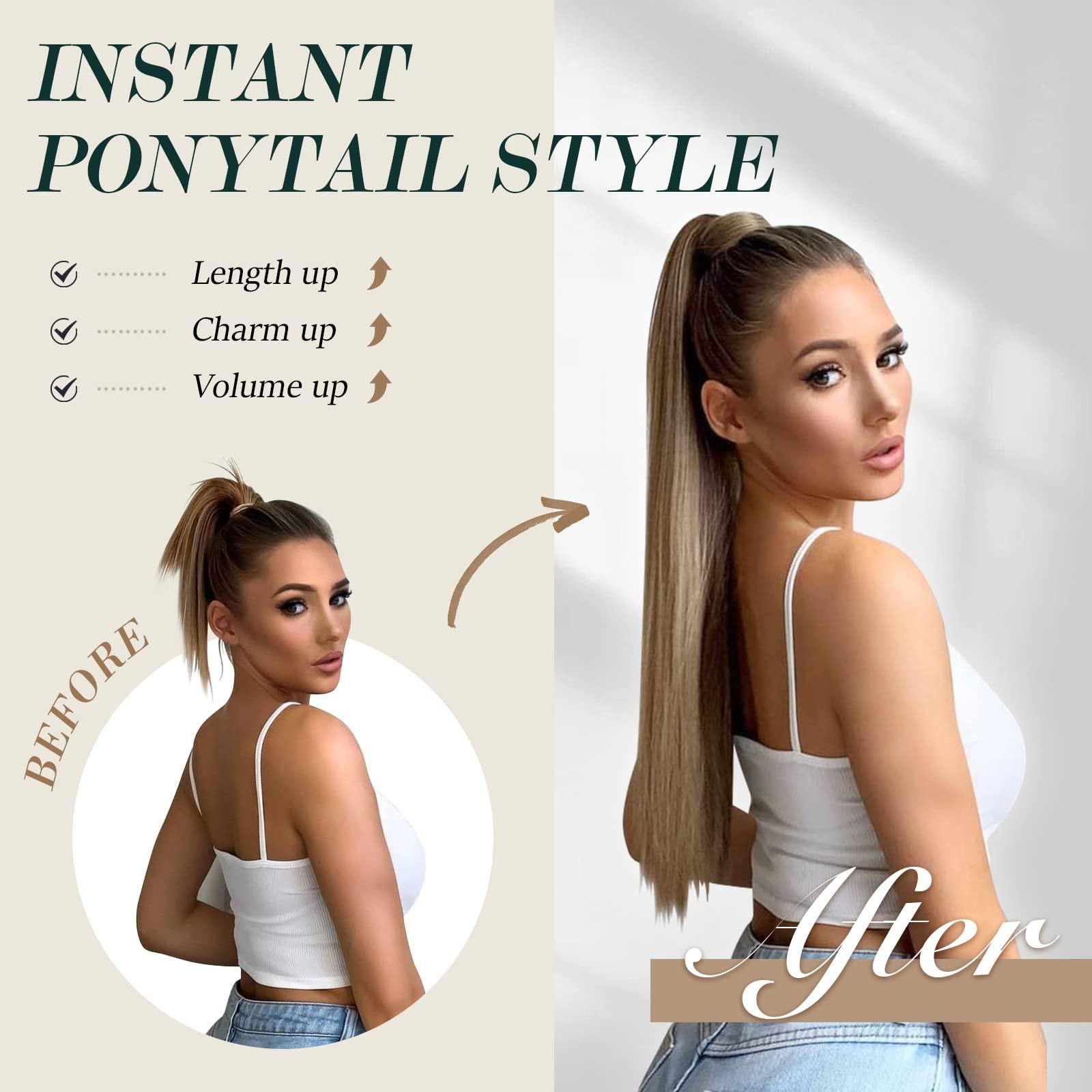FESHFEN FESHFEN Straight Ponytail Extensions - 28 Inch Long Wrap Around Synthetic Ponytails Hair Piece Pony Tails Extensions Hairpieces for Women, Brown