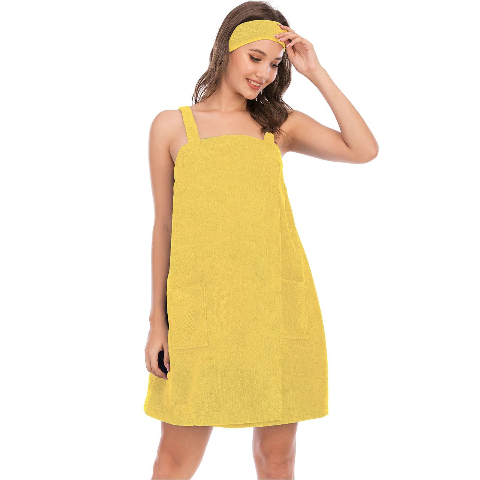 ANUFER ANUFER Womens Adjustable Bath Towel Wraps with Headband for Gym Shower Spa & Beach Cover Ups Yellow M