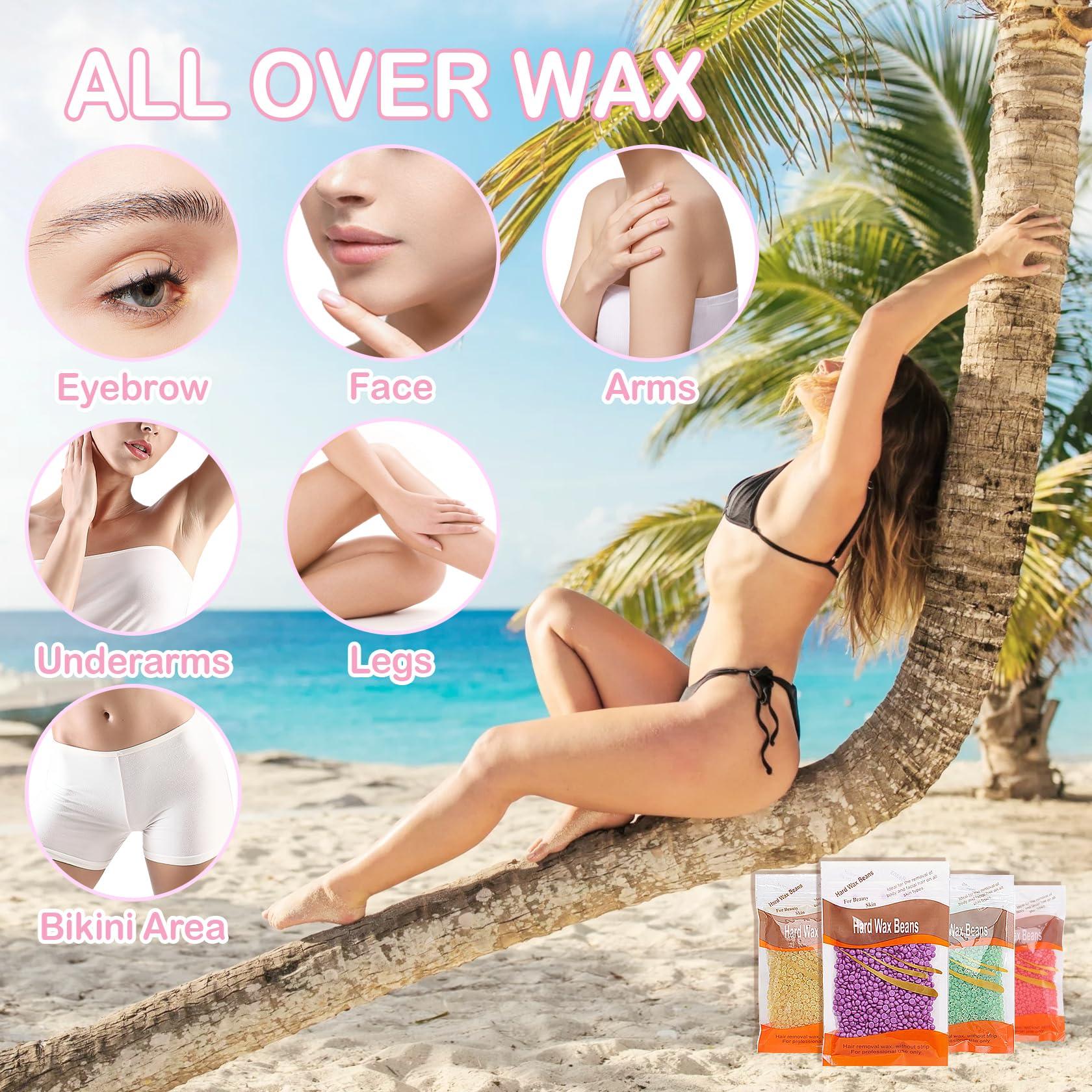 JunKuJK 4 Packs Hard Wax Beads for Hair Removal,Gentle Waxing Beads for Full Body,Face,Underarm,Bikini and Legs,Long Lasting Hair Removal Waxing Kit with 10 Wax Scraper Sticks