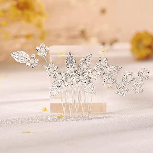 Latious Latious Pearl Bride Wedding Hair Comb Silver Crystal Flower Bridal Hair Clip Leaf Hair Piece Hair Accessories for Women and Girls