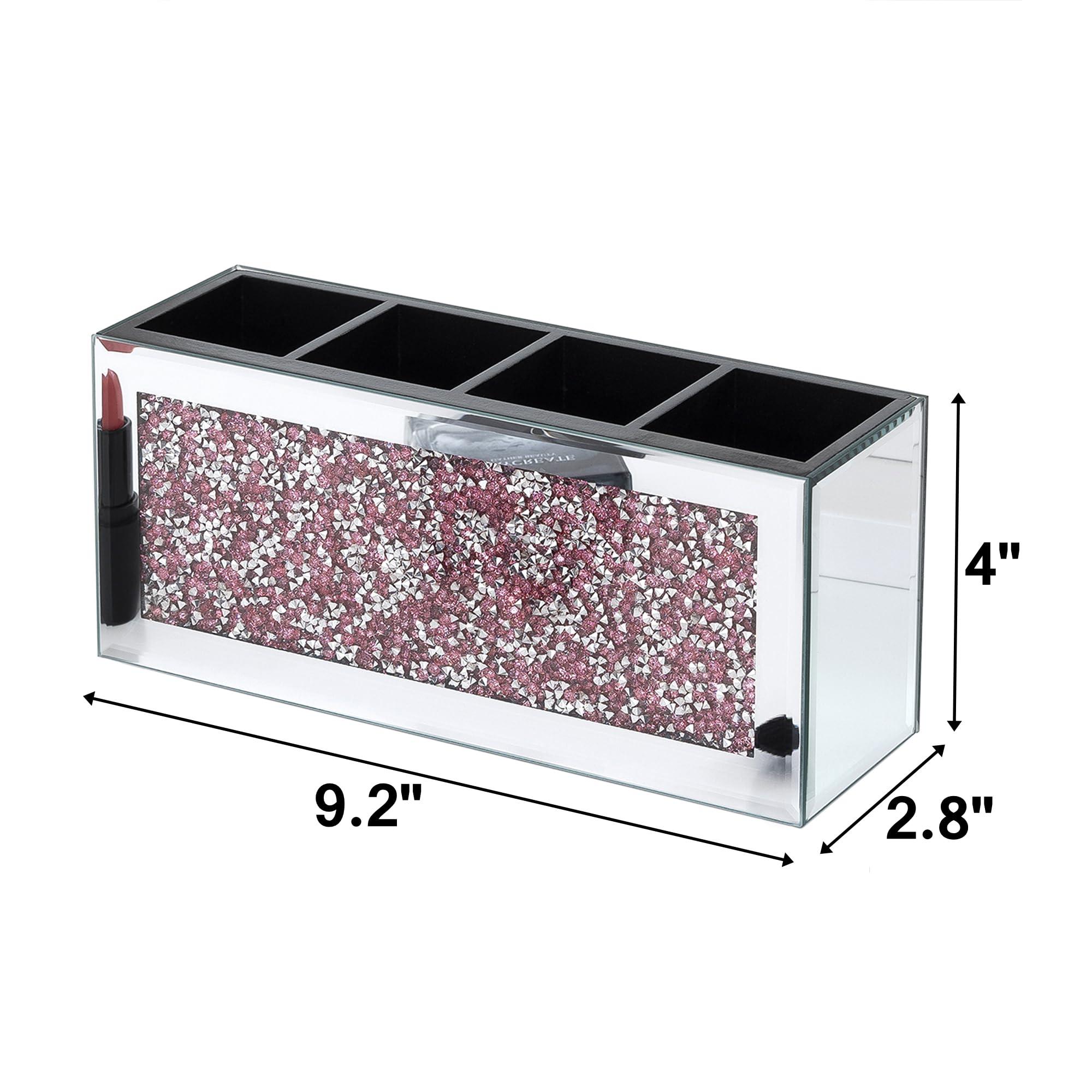 SHYFOY SHYFOY Mirrored Makeup Brush Holder, 4-Compartment Makeup Organizer with Pink Crushed Diamond, Vanity Cosmetics Organizer Solution, Pencil Holder Organizer for Desk