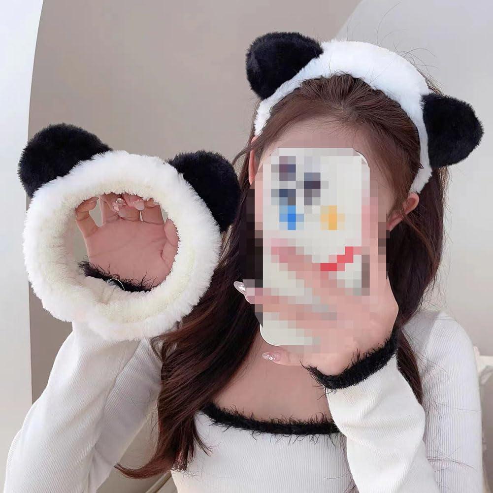 VASANA VASANA Panda Ears Headband and Hair Hoop Sets Cute Coral Fleece Elastic Hairband Washing Face Spa Mask Hair Wraps Beauty Skincare Animal Headband for Girls Women