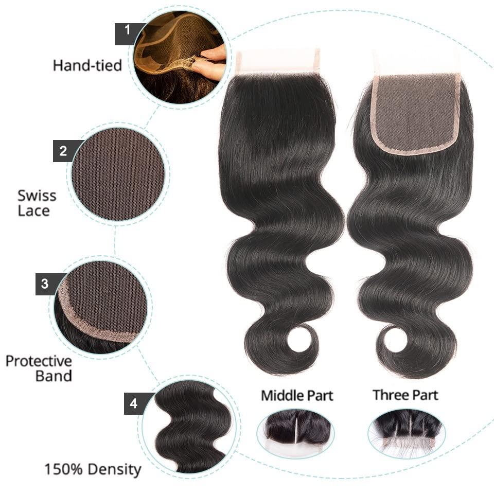 GRFIT Human Hair Bundles Body Wave 3 Bundles with Closure Human Hair Bundles with Closure Brazilian Virgin Body Wave Human Hair Weave Bundles with Lace Closure hair bundle/Hair Extensions (Size : 10 12 14+