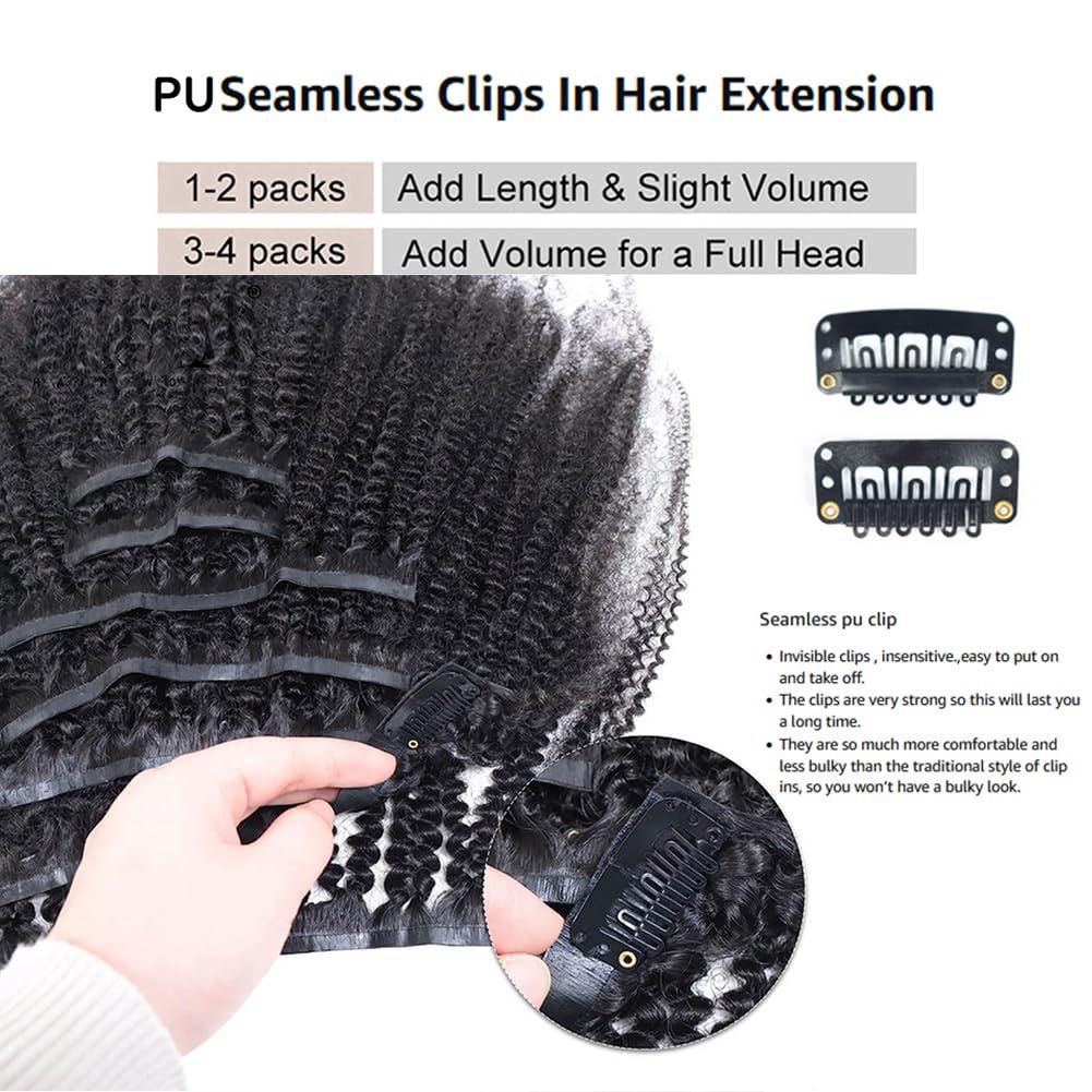 Kiss darling LASHES Seamless Clip In Pu Hair Extensions for Women, 4c Curly Mongolian Kinky Curly PU Clip Ins Human Hair Extensions Skin Weft Full Head 8\"inch 120g