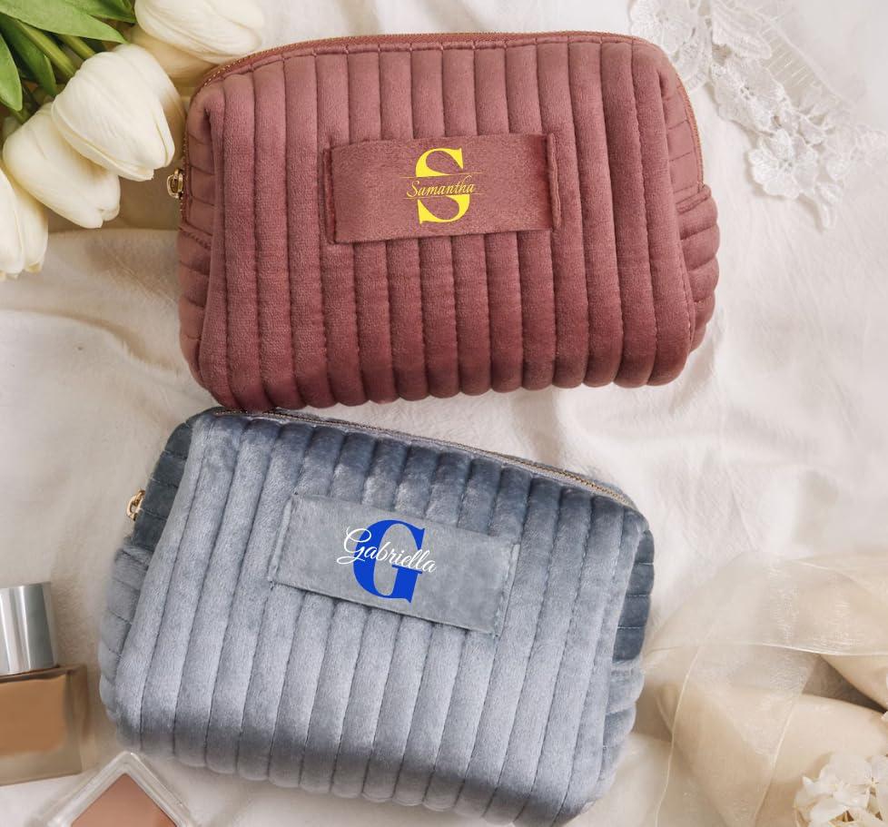 LalatiFy LalatiFy Custom Cosmetic Bag Personalized Makeup Bag with Logo/Photo/Labeled Design,Velvet Quilted Travel Toiletry Pouch Accessories Brushes Girls Women Gift for Wedding Birthday,Big Pink/Blue