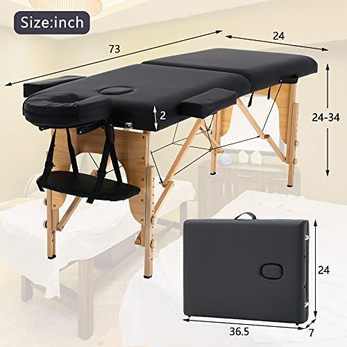 Dkelincs Portable Massage Table Massage Bed Folding 84 Inch Height Adjustable 2 Fold Lash Bed with Carry Case PU Leather Professional Spa Salon Tattoo Facial Bed with Face Cradle, Hold Up to 450Lbs, Black