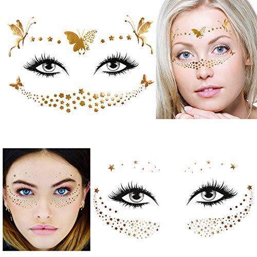 Konsait Konsait 8 Sheets Face Tattoo Sticker Metallic Temporary Transfer Tattoo Waterproof Face Jewels for Women Girls Make Up Dancer Costume Parties, Shimmer Glitter Gold Tattoos,Butterfly Star Freckle Scale