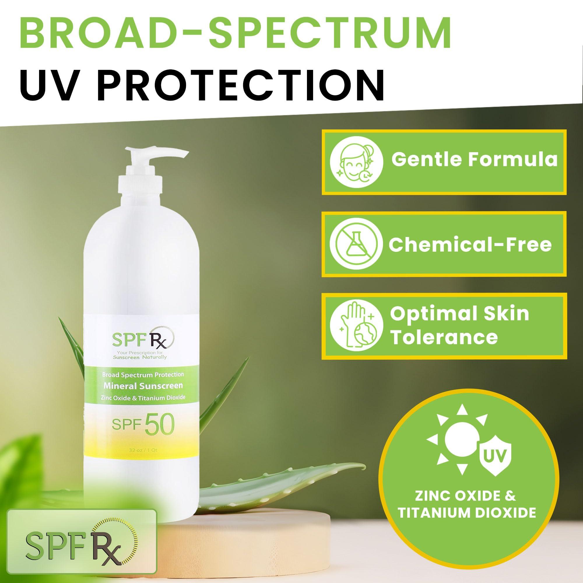 SPF Rx SPF Rx, SPF 50 Mineral Broad Spectrum Sunscreen, with Zinc Oxide and Titanium Dioxide, Waterproof, Sweat-Proof, Performance Sunblock Moisturizer for Face and Body - 1 Quart