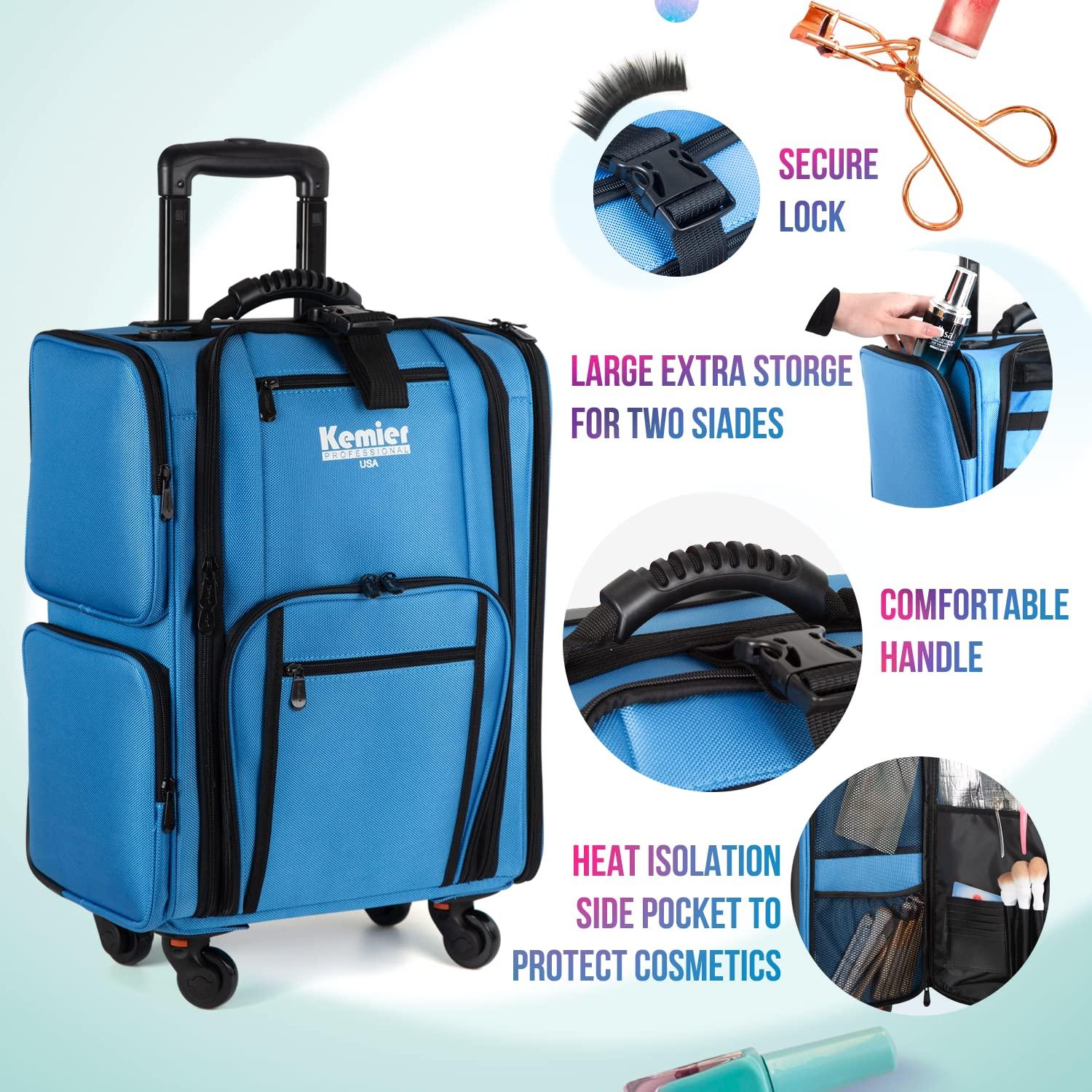 Kemier Kemier Rolling Makeup Train Case - Professional Makeup Travel Case Portable Artist Cosmetic Trolley Soft Side Nylon Large Capacity Organizer Storage bag with Wheels Blue