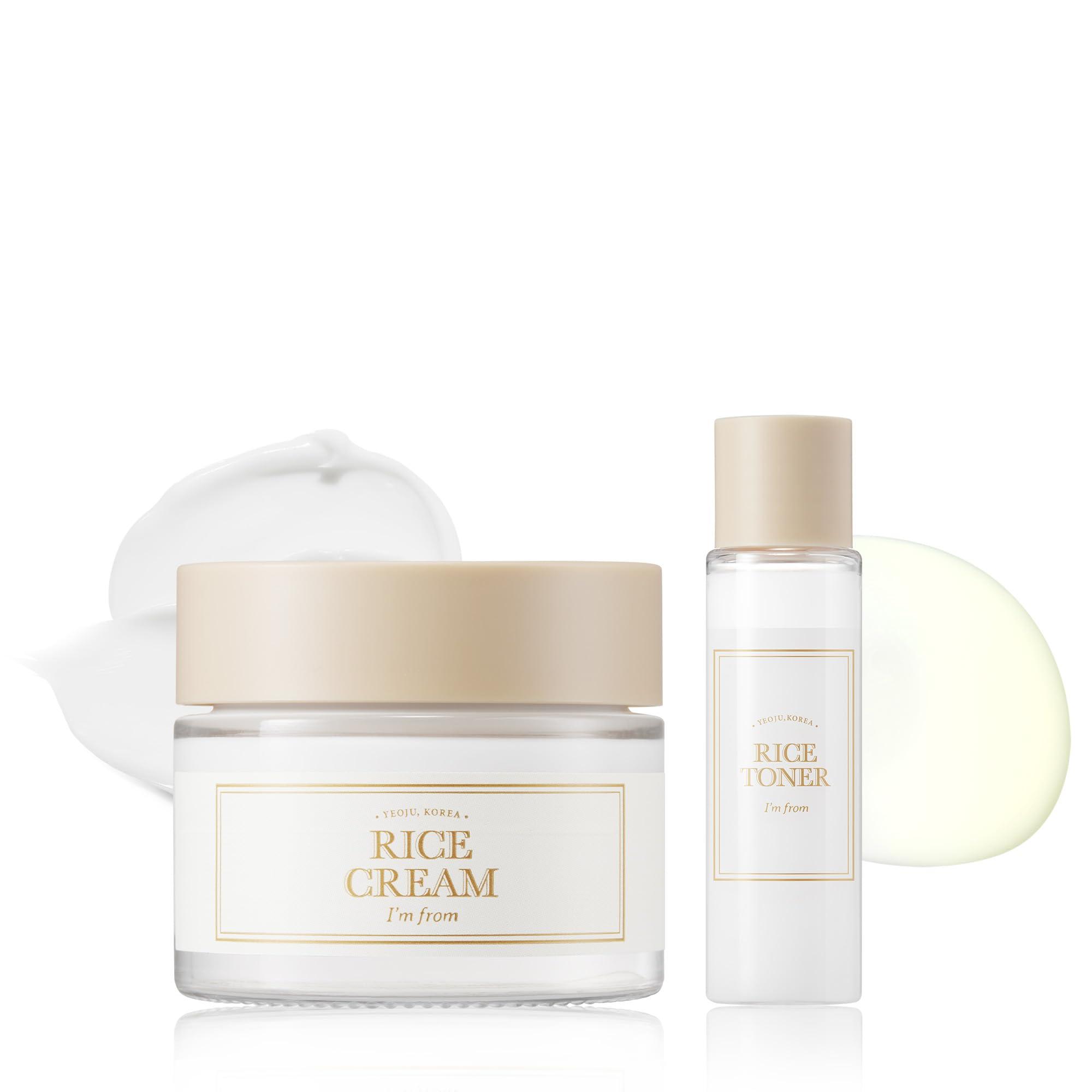 I\'m from I\'m from Rice Cream 1.69 oz + Rice Toner 1.01 fl oz Set, Korean Rice skincare for glowing, smooth, dry, combination skin