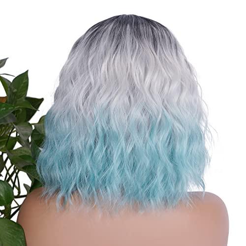 Civrie Civrie Ombre Blue Wig Short Bob Wigs for Women, Dark Roots Short Wavy Grey Wigs, Synthetic Heat Resistant Cosplay Wigs