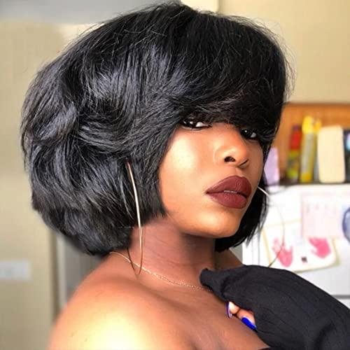 UMRHair 10inch Short Yaki Wavy Bob Human Hair Wig with Bangs 150% Density Short Cut Scalp Wig None Lace Italian Yaki Human Hair Wigs Glueless Wavy Black Bob Bangs Scalp Top Human Hair for Women