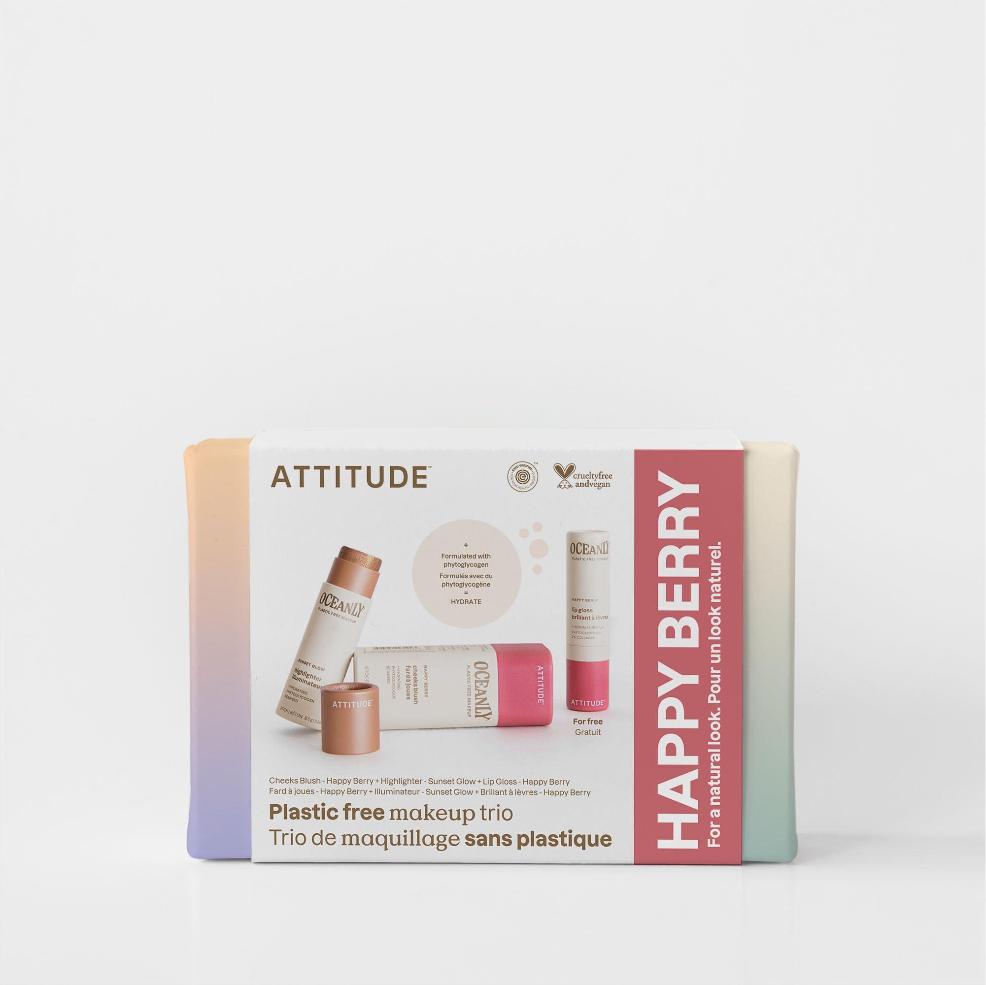 ATTITUDE ATTITUDE Happy Berry Makeup Trio Set, EWG Verified, Titanium Dioxide-Free, Plastic-free, Plant and Mineral-Based Ingredients, Vegan and Cruelty-free Beauty Products, Set of 3 Makeup Sticks