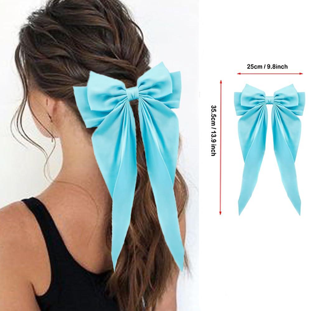 SALOCY SALOCY Blue Hair Bows,2 PCS Satin Hair Bows Clip Big Blue Bow for Women Hair Ribbons Long Tail Hair Bow Hair Barrettes for Wedding Prom Party Charm (Light Blue,Royal Blue)