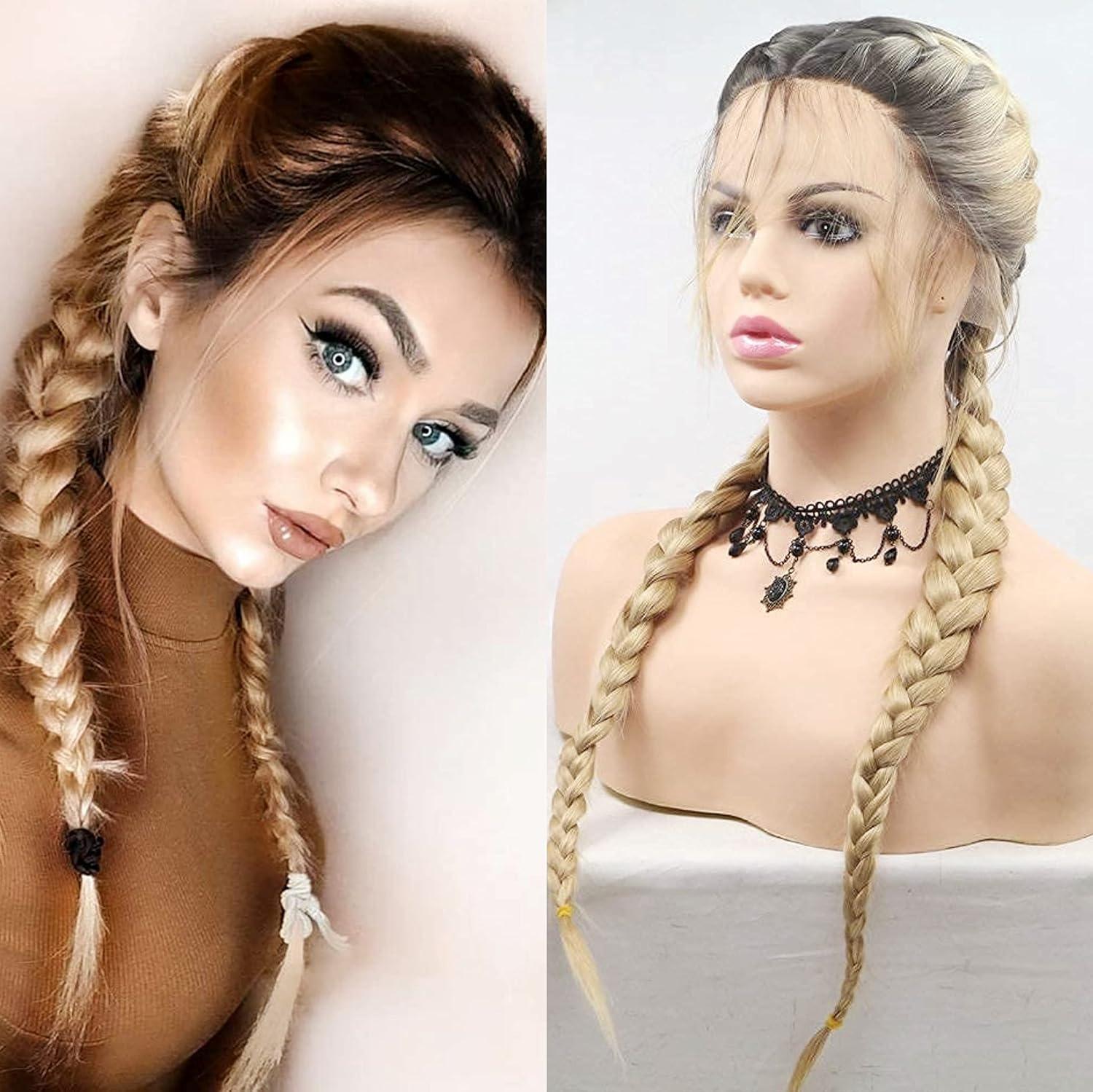 RainaHair Blonde Double Braided Wigs with Baby Hair Heat Resistant Synthetic Lace Front Wigs for Women Female Dark Roots Ombre Blonde Natural 2x Twist Braids Long Hair Glueless Synthetic Wig