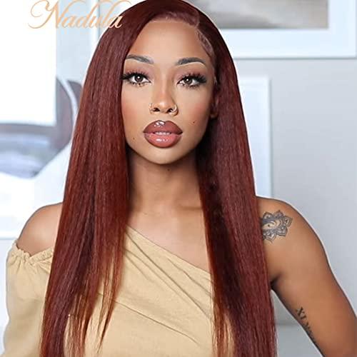 Nadula Nadula Reddish Brown 13x4 Lace Front Layered Butterfly Haircut Straight Wig Human Hair for Women,12A Malaysian Silky Straight Transparent Lace Frontal Human Hair Wigs Pre Plucked with Baby Hair 18inch
