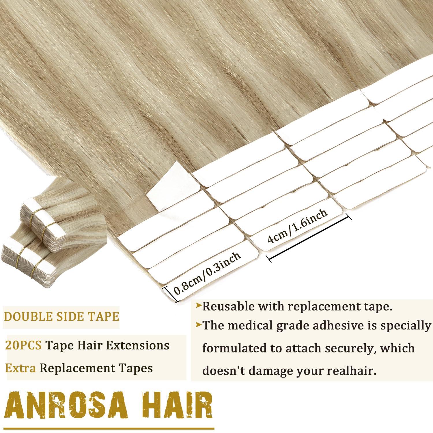 Anrosa 22 Inch Tape in Hair Extensions Human Hair Silky Blonde Human Hair Extensions Double Sided Tape Extensions Human Hair Semless Ash Blonde Highlighted Bleach Blonde 50g/20pcs
