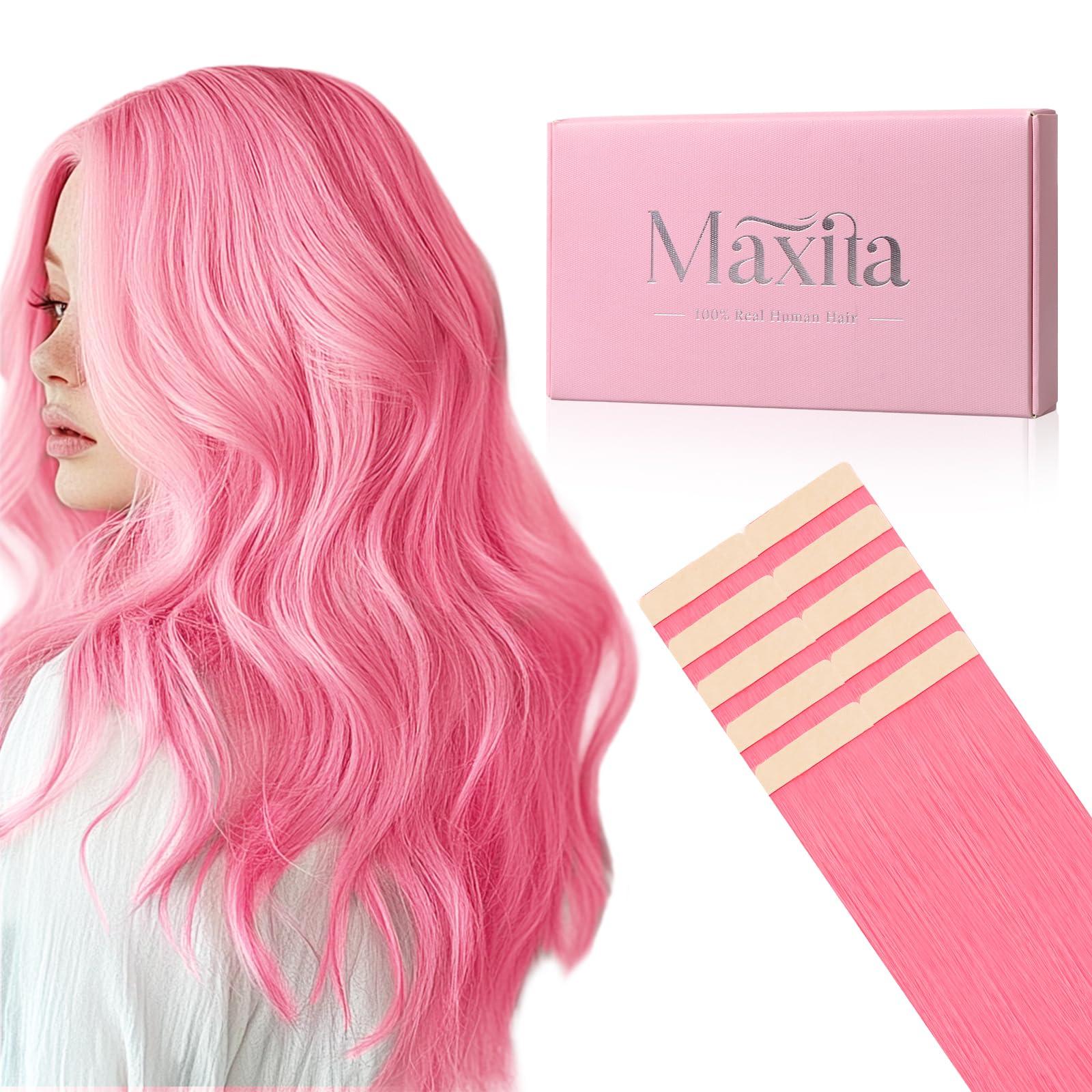 MAXITA MAXITA Tape in Hair Extensions Human Hair Light Pink Hair Extensions Tape ins, 10pcs 30g 20 Inch Colored Party Highlight Tape in Extensions Straight Soft Real Human Hair Extension