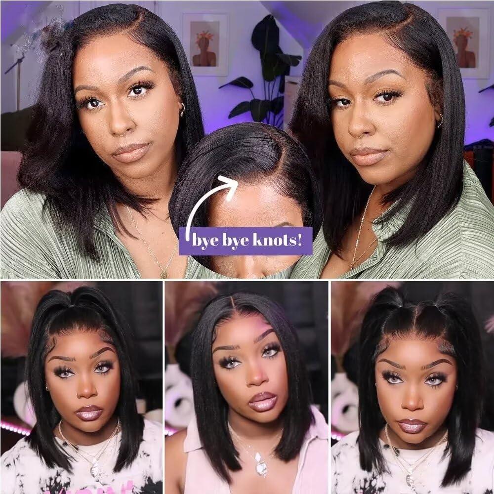 oulaer oulaer Straight Bob Wig 13x4 Lace Front Wig Human Hair Pre Plucked Bleached Knots Cut Wear Go Glueless Wigs Ntaural Hairline HD Lace Wig Yaki Straight Bob Wig 150% Density 12Inch