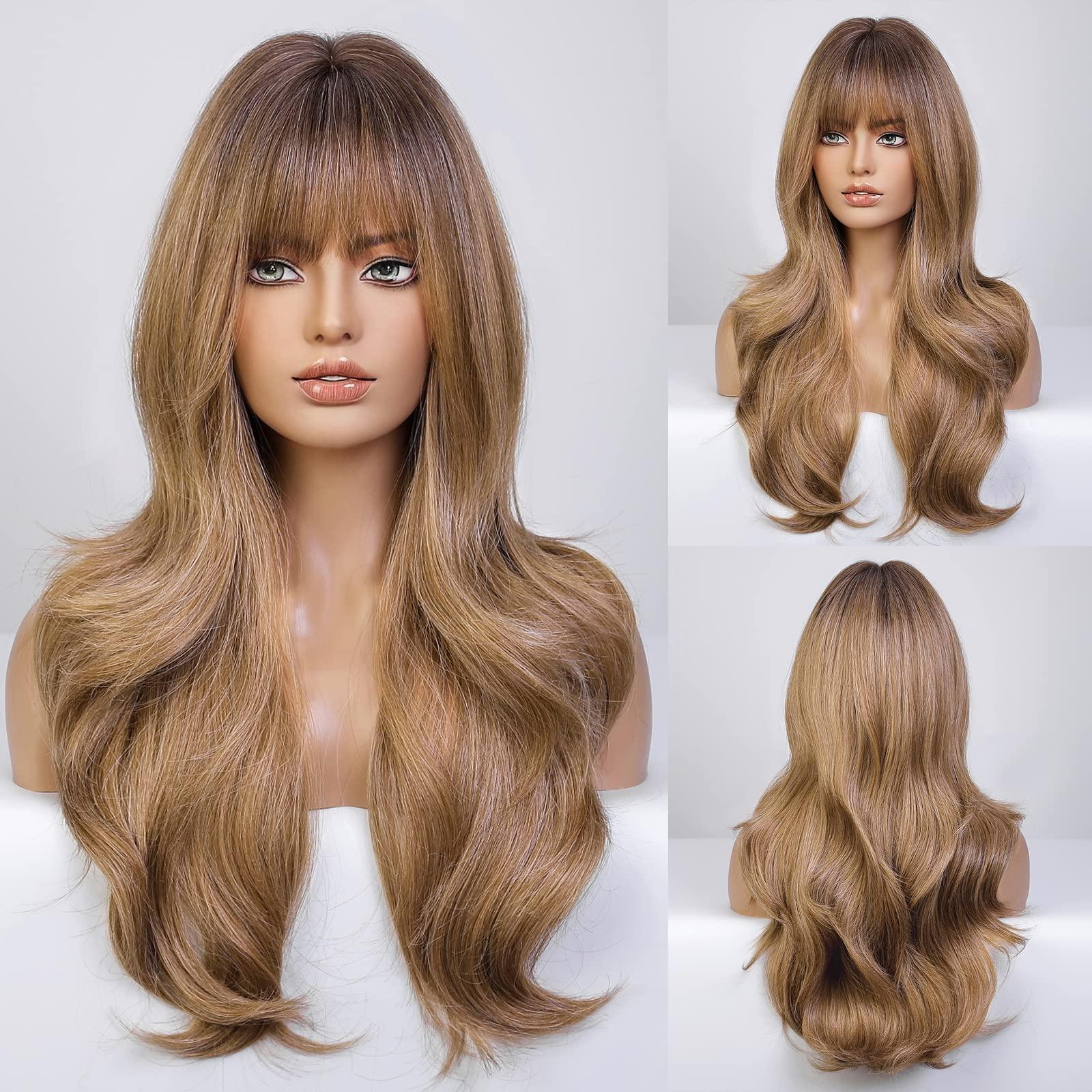 HAIRCUBE HAIRCUBE Light Brown Long Curly Wig with Bangs Heavy Blonde Natural Appearance Heat-Resistant Synthetic Wig Suitable for Fashionable Women 24Inch