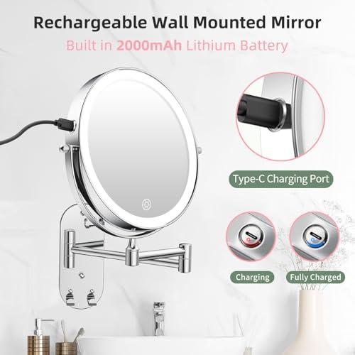 FUNTOUCH FUNTOUCH Wall Mounted Lighted Makeup Mirror, Rechargeable 8\" Double-Sided LED Make up Mirror 1X/10X Magnification, 3 Color Lights Dimmable 360 Rotation Wall Mount Mirror with Extension Arm and Hooks