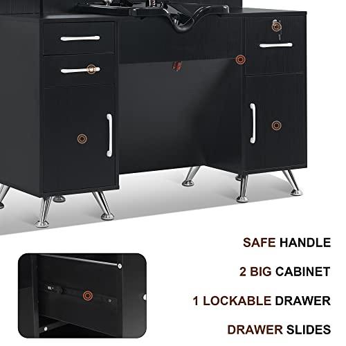 BarberPub BarberPub Backwash Shampoo Bowl Cabinet, Wall Mount Station with Mirror, Storage Cabinet with Drawers & Shelf Salon Equipment 3141 (Black)