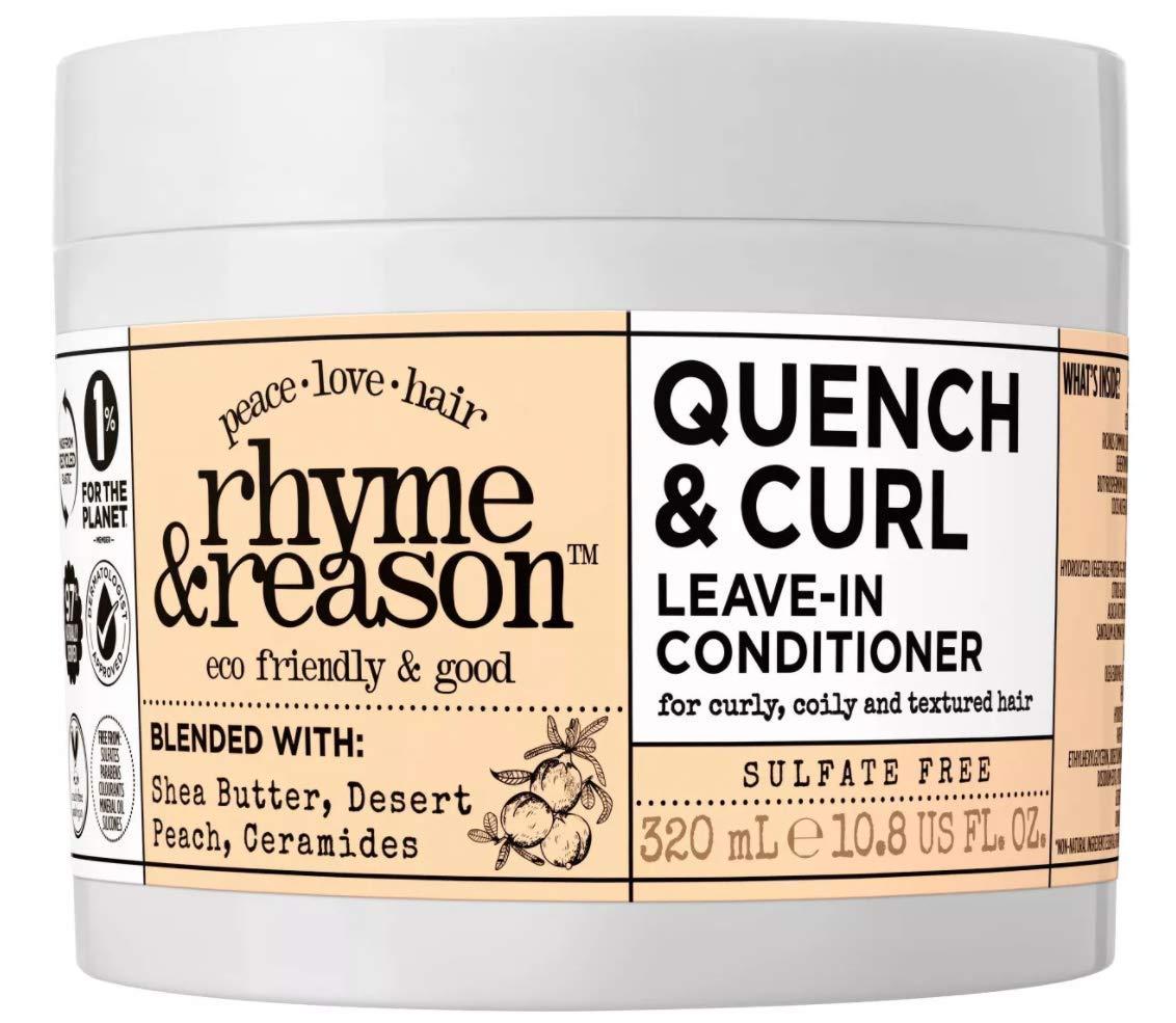 RR Hair Rhyme & Reason Quench and Curl Leave-In Conditioner. 10.8 Fl Oz. For Curly, Coily, and Textured Hair. Blended with Shea Butter, Desert Peach Ceramides. Vegan, Sulfate and Cruelty Free.