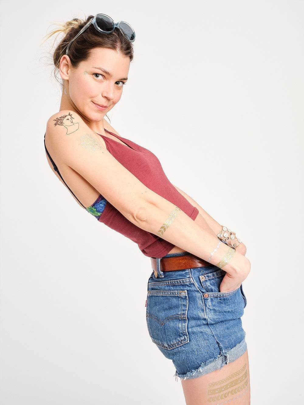 Tatsy Temporary Tattoo Set By Tatsy, The Festival Set, Shiny Glitter Gold, For Women and Men, Original, Unique Design, Cover Up, Fancy Patterns, Waterproof Tattoos, Elephant, Arrows