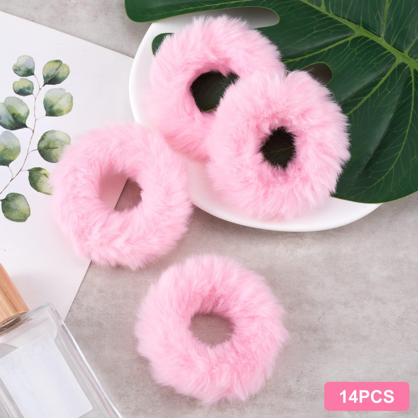 OIIKI OIIKI Pink Fuzzy Hair Scrunchies, 14pcs Furry Hair Scrunchies Furry Hair Bands with Faux Rabbit Fur, Elastic Hair Tie Ponytail Holders for Girls Women Hair Accessories