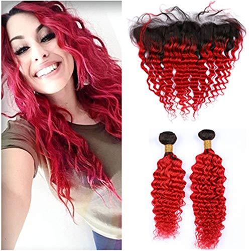 Tony beauty hair Tony Beauty Hair Ombre Red Deep Wave 2 Bundles Peruvian Virgin Hair Black Roots and Frontal Closure 13x4#1B/Red Ombre Deep Wavy Human Hair Weave Wefts with Ear to Ear Lace Frontal (24 26+24)