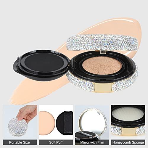 KEYPOWER KEYPOWER Makeup Powder Empty Box with Bling Diamond Loose Powder Compact Empty Container with Powder Puff and Mirror Refillable for Home or Trip (White)