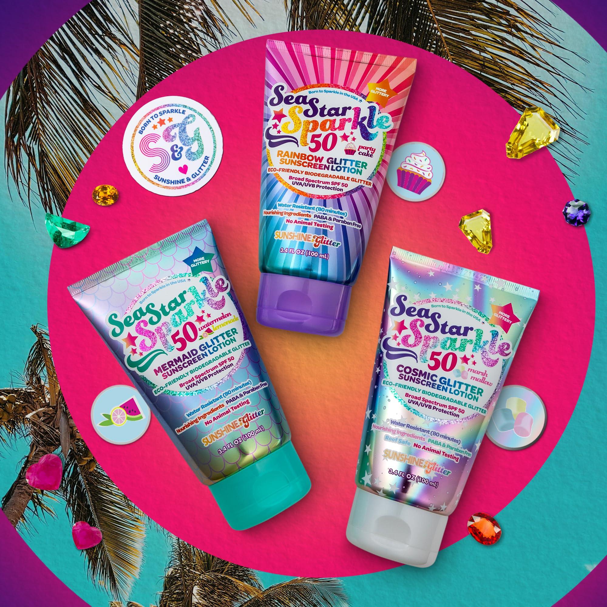 Sunshine & Glitter Seastar Sparkle - Cosmic Marshmallow Scented Glitter Sunscreen Lotion - SPF 50 - Biodegradable Sunscreen, Kids, Water Resistant, Glitter lotion, Cruelty Free, Kids Lotion, Made in USA, 3.4oz