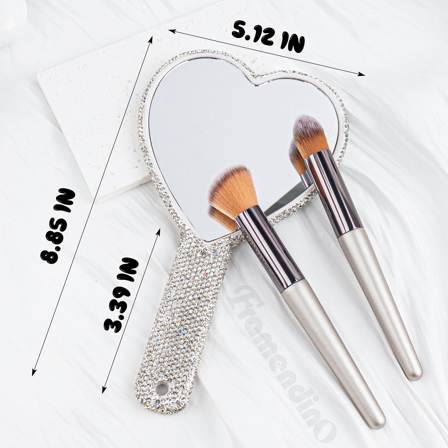 Framendino Framendino, 1 Pack Large Bling Handheld Mirror Heart Rhinestone Glitter Cosmetic Dazzling Portable Hand Mirrors with Handle for Women Wedding White Silver
